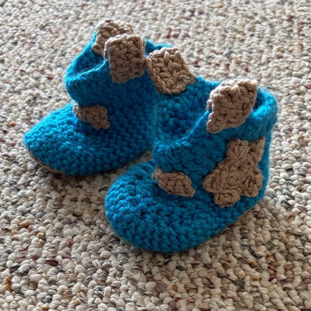 Handmade Blue and Tan Crochet Baby Booties
